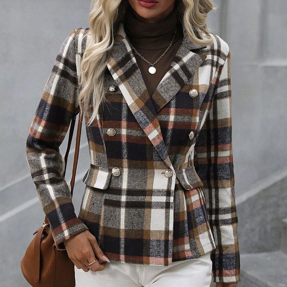 Tan Casual Plaid Print Double Breasted Blazer - Picture 5 of 6